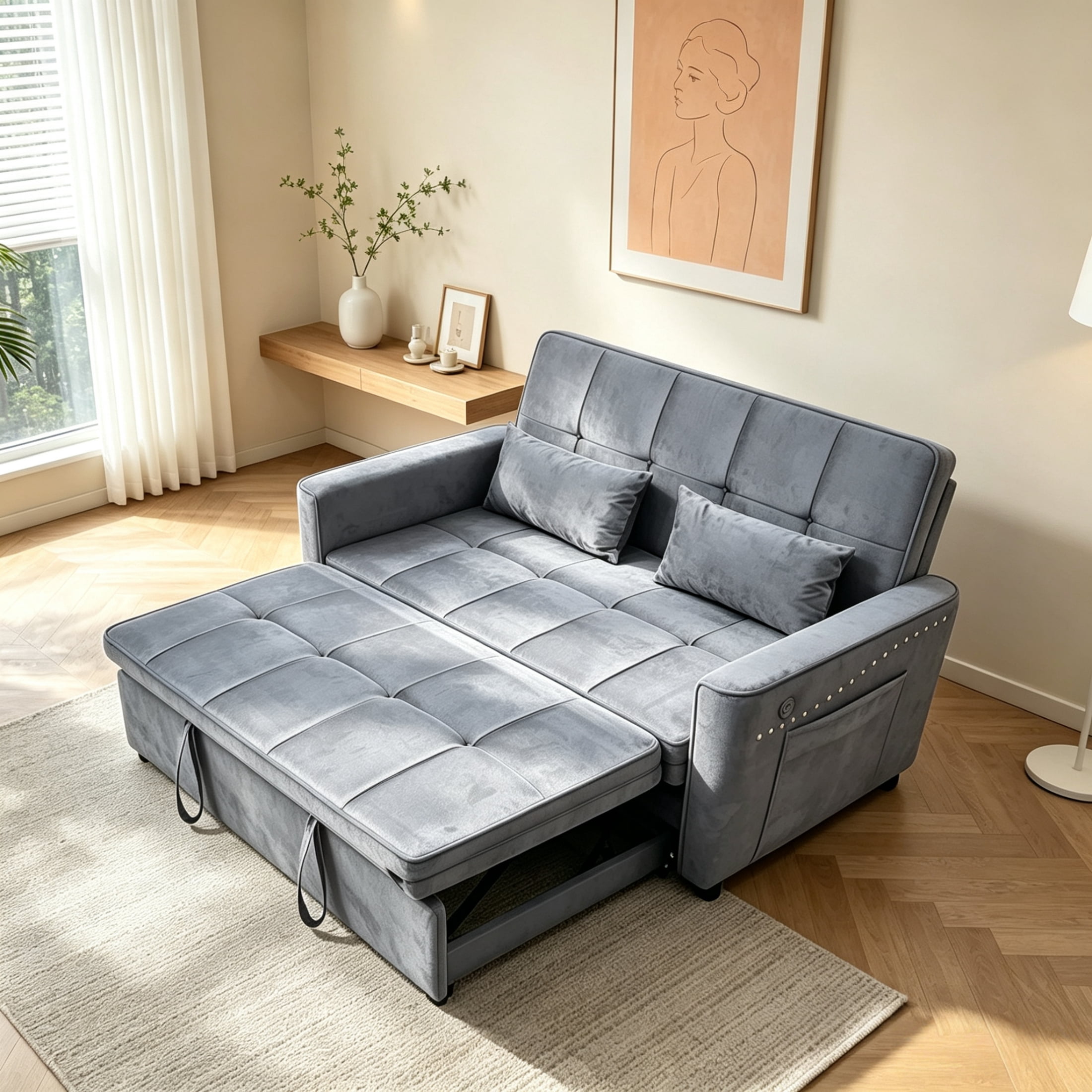 Vinform 3-in-1 Convertible Sleeper Sofa Bed, Loveseat for Small Spaces with Nailhead Trim, USB Ports, Gray