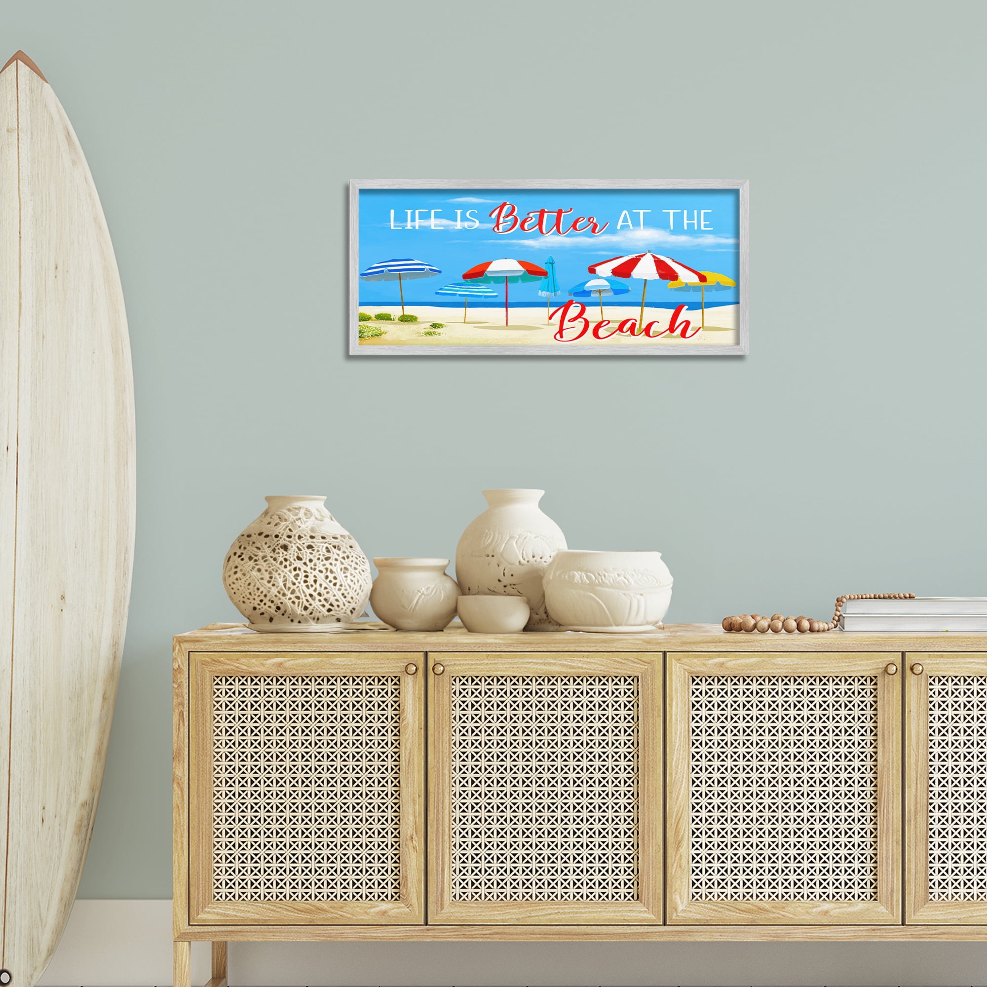Stupell Industries Better At Beach Scene Landscape Painting Gray Framed Art Print Wall Art, 30 x 13