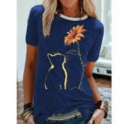 Stylish Clothing Women O Neck Casual Slim Stitching Sunflower Cat Printed Short sleeved T Shirt