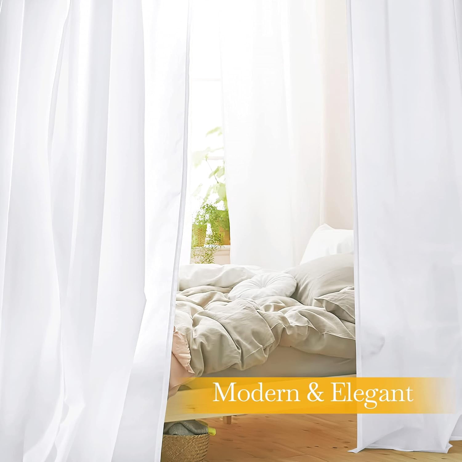 Canopy Bed Curtains with Tie Tops and Tie Backs, White Sheer for Twin Full Queen King Bed, 8 Panels, White, 45 inch Wide by 96 inch Long
