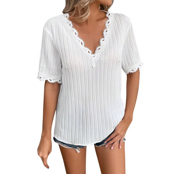 Gibobby Playera Manga Corta para Mujer Camiseta sólida encaje manga corta hueca a la moda para mujer(Blanco,CH)