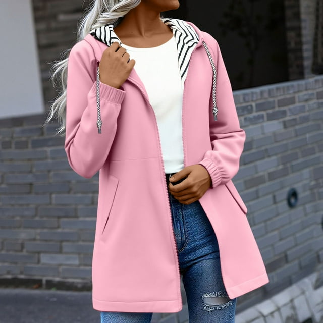 RBCKVXZ Imperméables pour Femmes Imperméables à Fermeture Éclair Manteau de Pluie Doublé à Rayures avec Capuchon Long Trench avec Poche Mode Randonnée Voyage Coupe-Vent Rose TTG