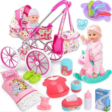 LINXUXIE Baby Doll Stroller Toys Set with 12" Baby Doll, Quilt Pillow,Rocking Horse, Doll Accessories and 2 Sets Doll Clothes, Baby Doll Toys for Kids 3-5 4-6 5-7 Gifts