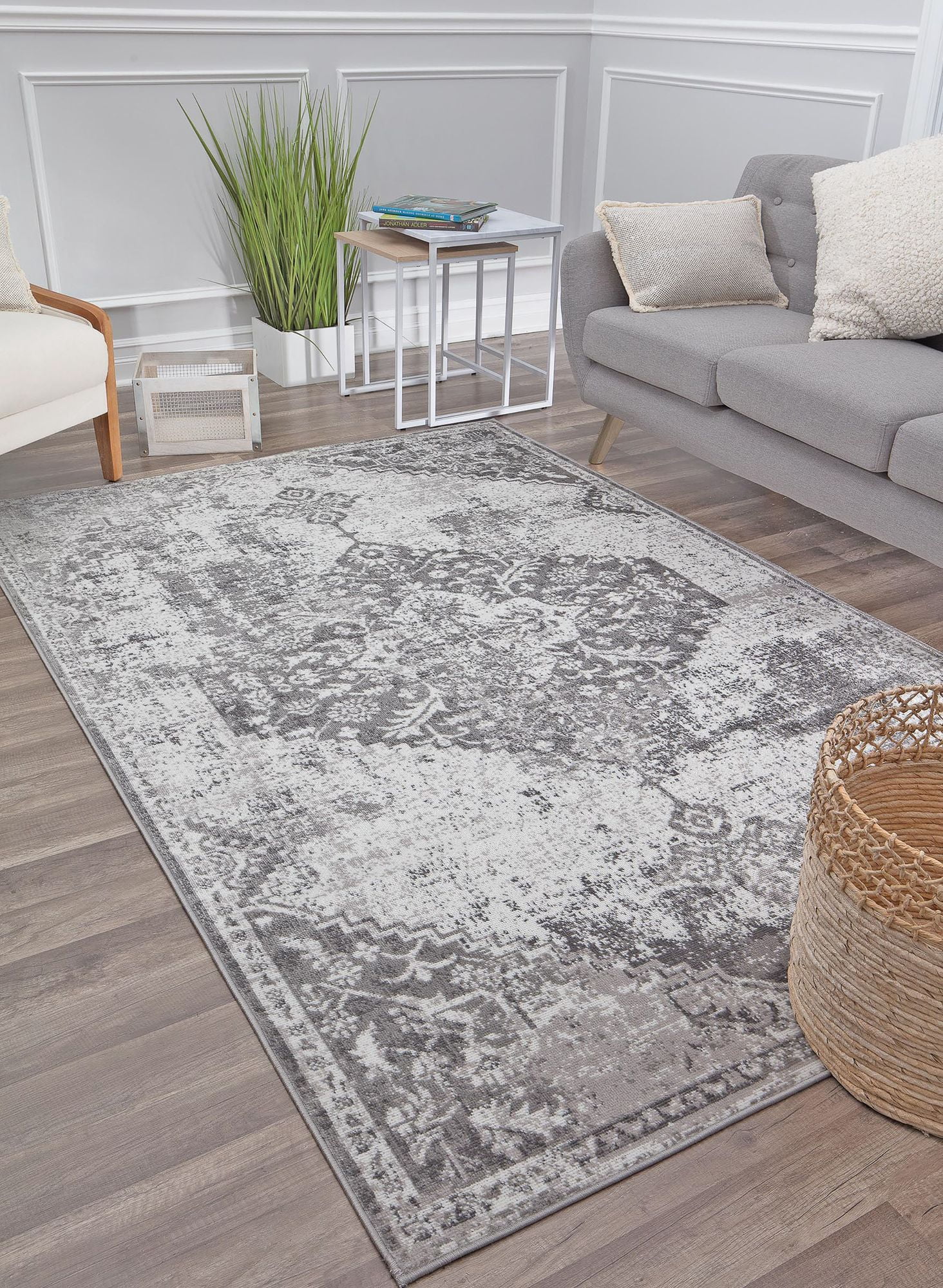 Freida FY35B Charcoal Vintage Farmhouse Light Gray Area Rug, 2'6"x4'