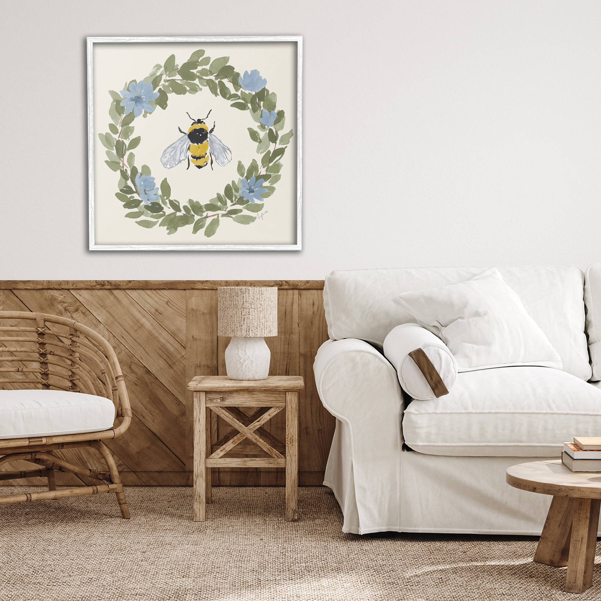 Stupell Industries Floral Wreath Bee Celebration White Framed Giclee Art, design by Lucille Price