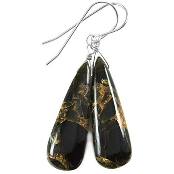 Sterling Silver Black Coppery Mosaic Obsidian Earrings Smooth Simple Teardrops Hanging Dangles Simple 1.8 Inch Drops Designed for Adult Women