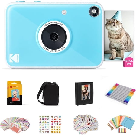 KODAK Printomatic+ Instant Camera Gift Bundle (Blue) w/Case, Zink Paper & More