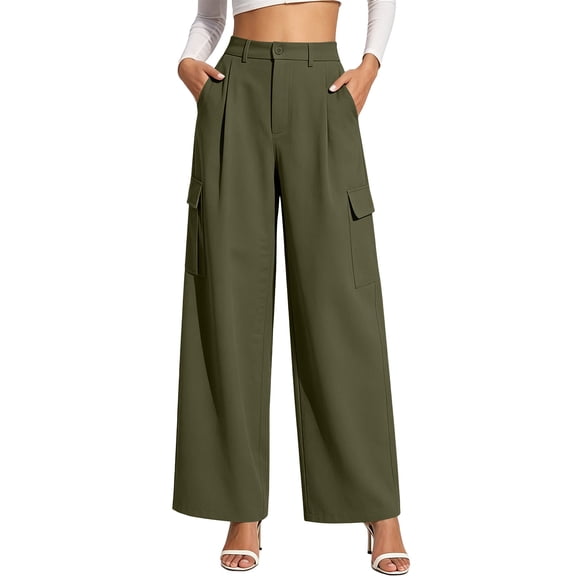 Women's High Waisted Pleated Wide Leg Cargo Pants Casual Loose Pocketed Work Trousers