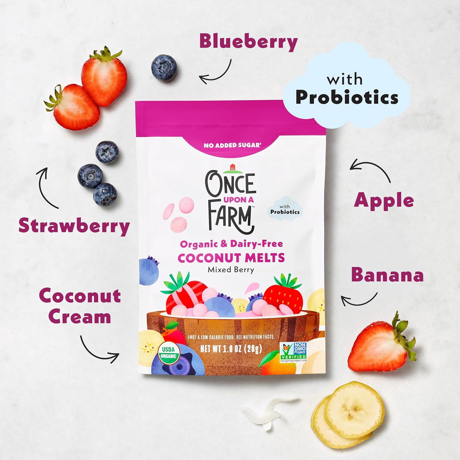 Once Upon A Farm Organic Coconut Melts with Probiotics, Mixed Berry, Dairy Free, Non GMO, Kosher, 1 Ounces (Pack of 8)