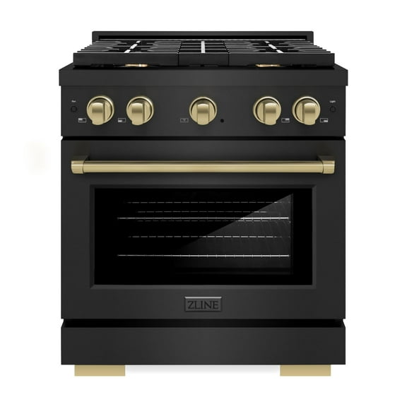 ZLINE Autograph Edition 30 in. 4.2 cu. ft. Paramount Dual Fuel Range with 4 Burner Gas Cooktop and Electric Convection Oven in Black Stainless Steel with Champagne Bronze Accents (SDRBZ-30-CB)