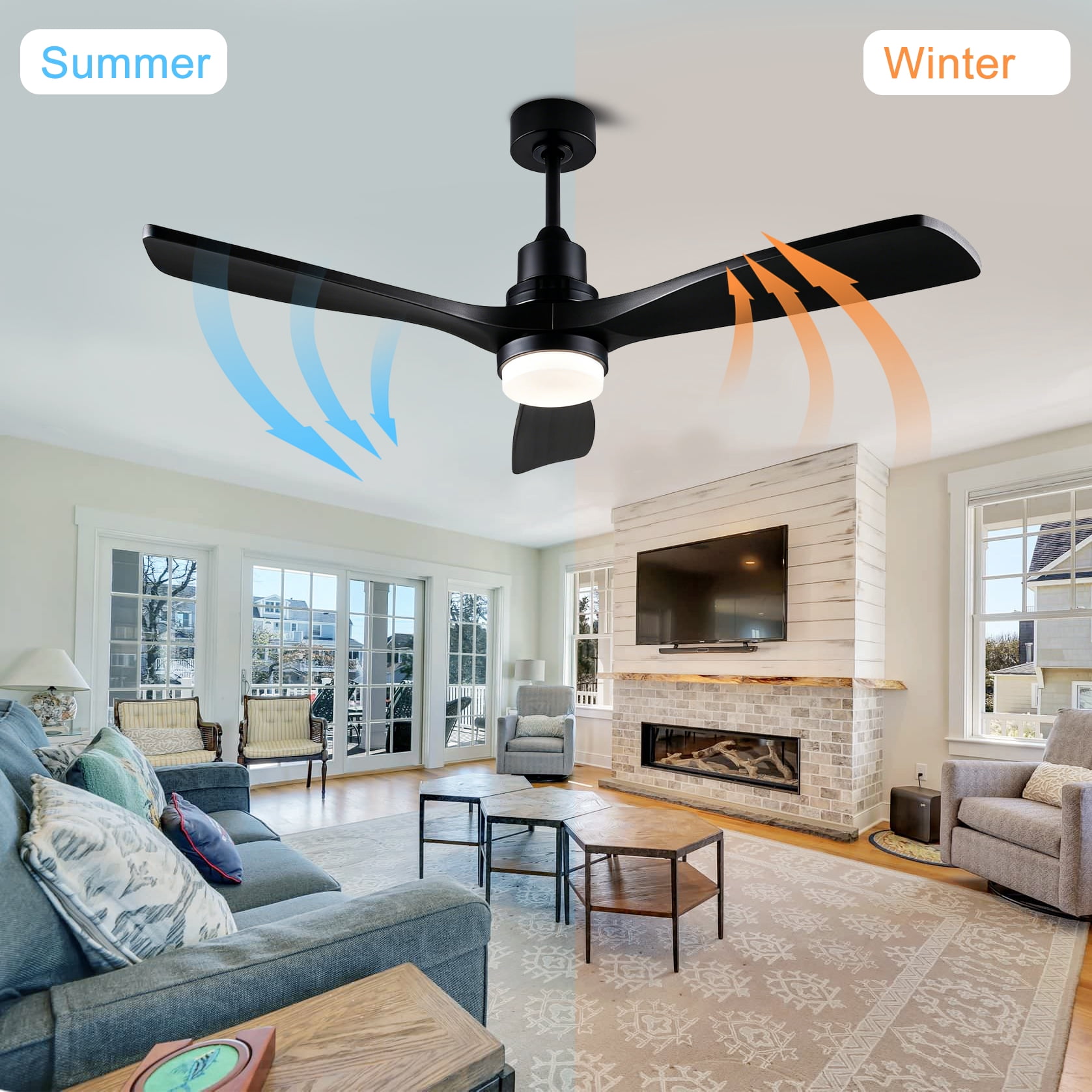 Mintazer 52 in Ceiling Fan with Lights and Remote, Modern Ceiling Fan with 6 Speed & 3 Blade for Farmhouse Bedroom Living Room Gazebo Patio, Black