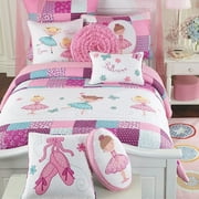 Cozy Line Home Fashions Dance Ballerina Pink Floral Printed Cotton Quilt Bedding Set with Dcor Throw Pillows, Queen 8 Pieces