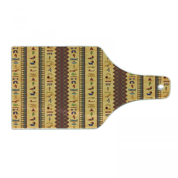 Egyptian Print Cutting Board, Hieroglyphs and Floral Geometric Ornament Border Aged Paper Style Backdrop, Tempered Glass Cutting and Serving Board, Wine Bottle Shape, Multicolor, by Ambesonne