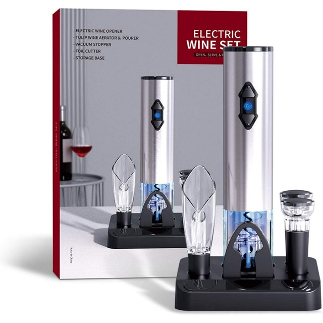 Abridor de vino eléctrico, con base, juego de sacacorchos automático que incluye corchos al vacío, regalo recargable 4 en 1 (plata)