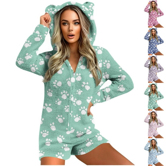 FRSASU Pajamas Shorts Jumpsuit for Womens Warm Hooded with Ear Dog Paw Print Romper Zipper Sleepwear Playsuit with Pocket Purple