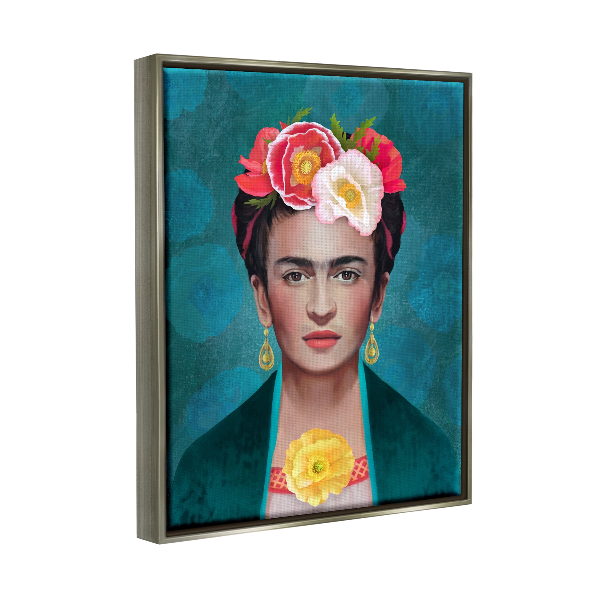 Stupell Industries Frida Kahlo Floral Portrait Botanical & Floral Painting Gray Floater Framed Art Print Wall Art, 25 x 31