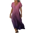 thumbnail image 2 of Robes Femmes DYTTDG Robe Femme Mode Dégradé Col en V Manches Courtes Robe Maxi de Plage Cadeau pour Adultes Violet, 2 of 5