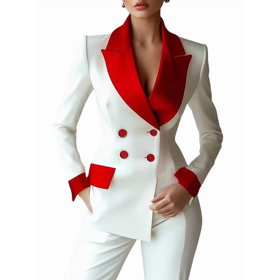 Women Double Breasted Blazer Patchwork Stylish Office Long Sleeve Elegant Casual Short Jacket Outerwear White M