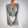 thumbnail image 2 of ZHYou Womens V Neck Wrap Knit Tops,Long Sleeve Ribbed Stretchy Slim Fit Bell Sleeves Soft Sweaters,Gray,Size XL, 2 of 6