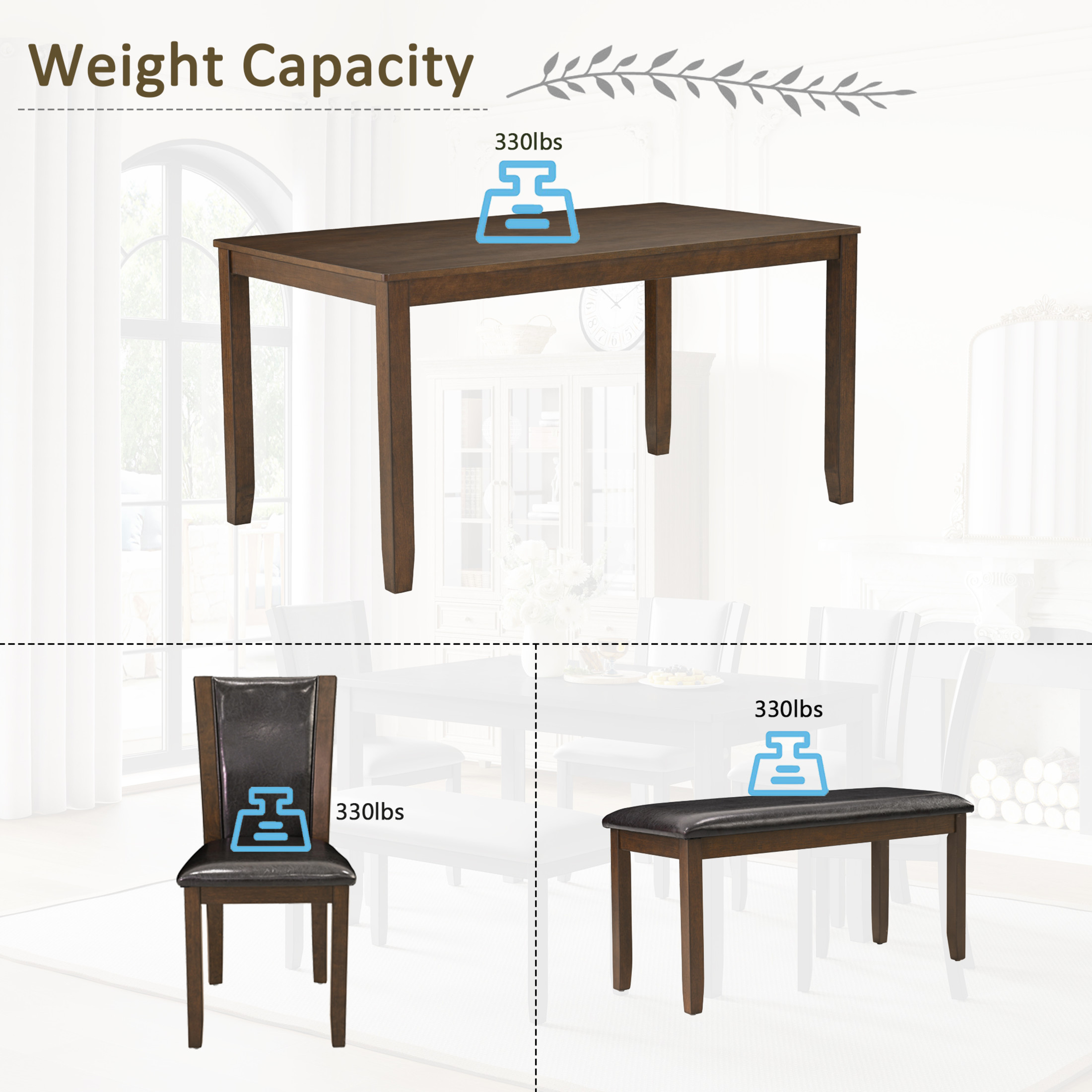 Noble House Farmhouse Dining Table Set for 6 with Bench and Leather Upholstered Chairs, Wood Frame, Dark Walnut