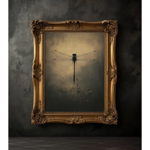 Vintage Dragonfly Poster Moody Botanical Print Dark
