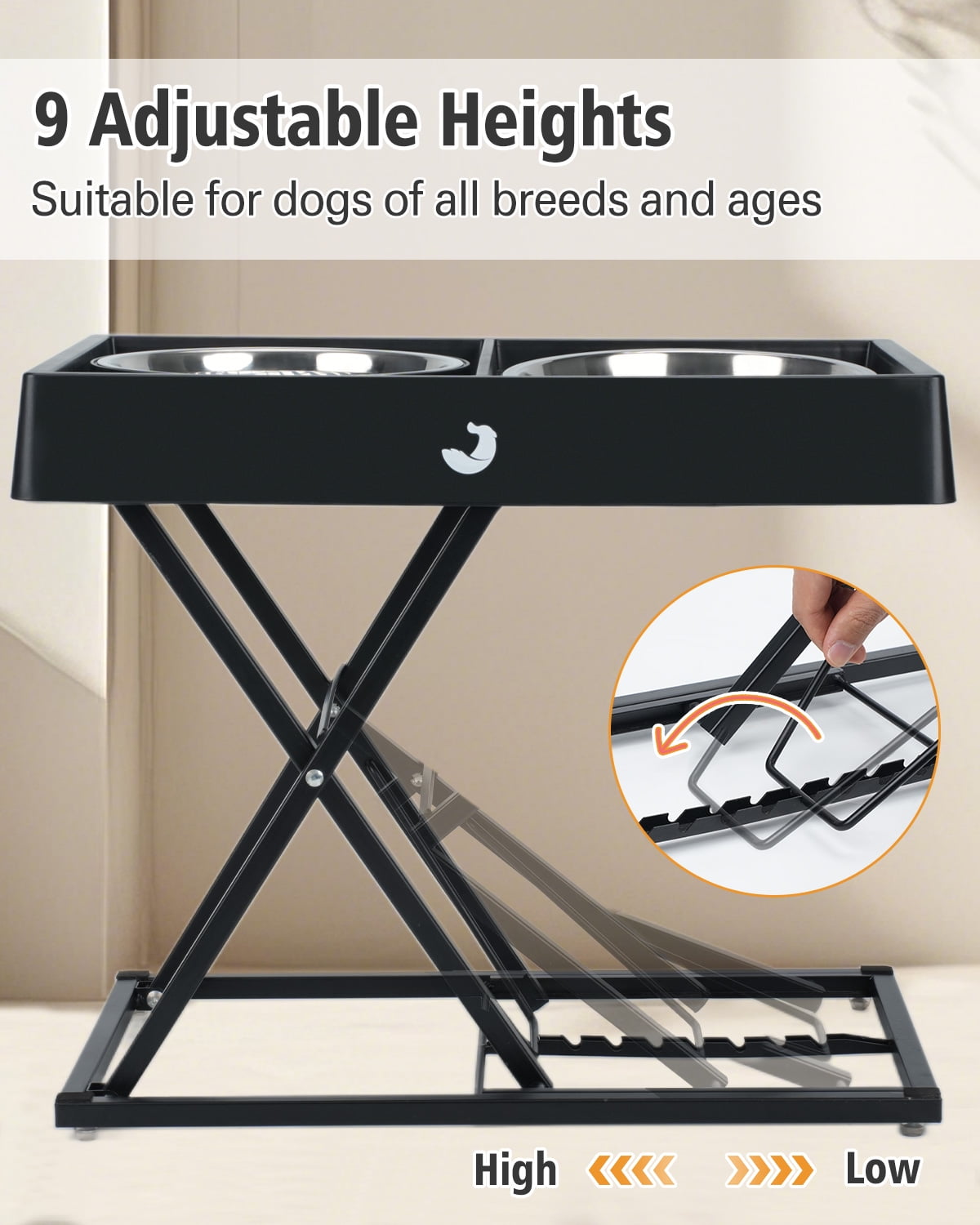 Joytale Elevated Dog Bowls Stand with 2 Stainless Steel Bowls (6 Cup/1.45L) - 8 Adjustable Heights for Medium/Large Dogs - Anti-Slip Heavy Duty Base