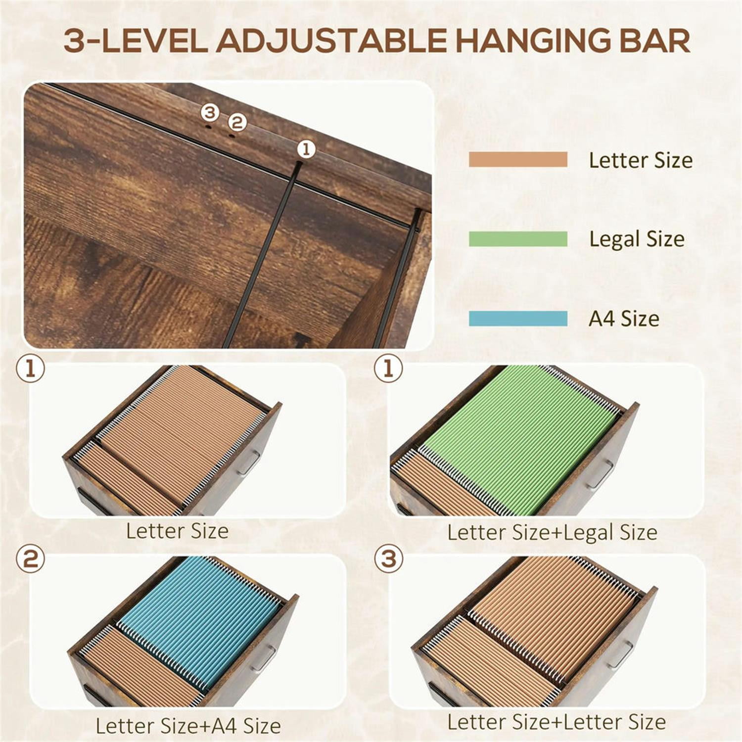 Demi Bonn 2-Drawer File Cabinet, Rolling Filing Cabinet with Key Adjustable Hanging Bar for Home Office, Printer Stand, for A4, Letter-Size Documents, Brown