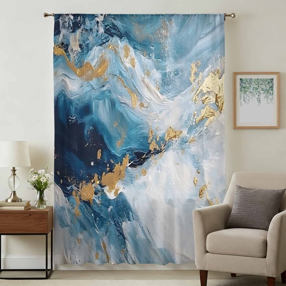 Blue Oil Painting Sheer Curtains 84 Inches Long, Modern Marble Art Abstract Light Filering Curtains, Breathable Simi Curtain Privacy Drapes for Living Room Bedroom Lightweight Window Treatment