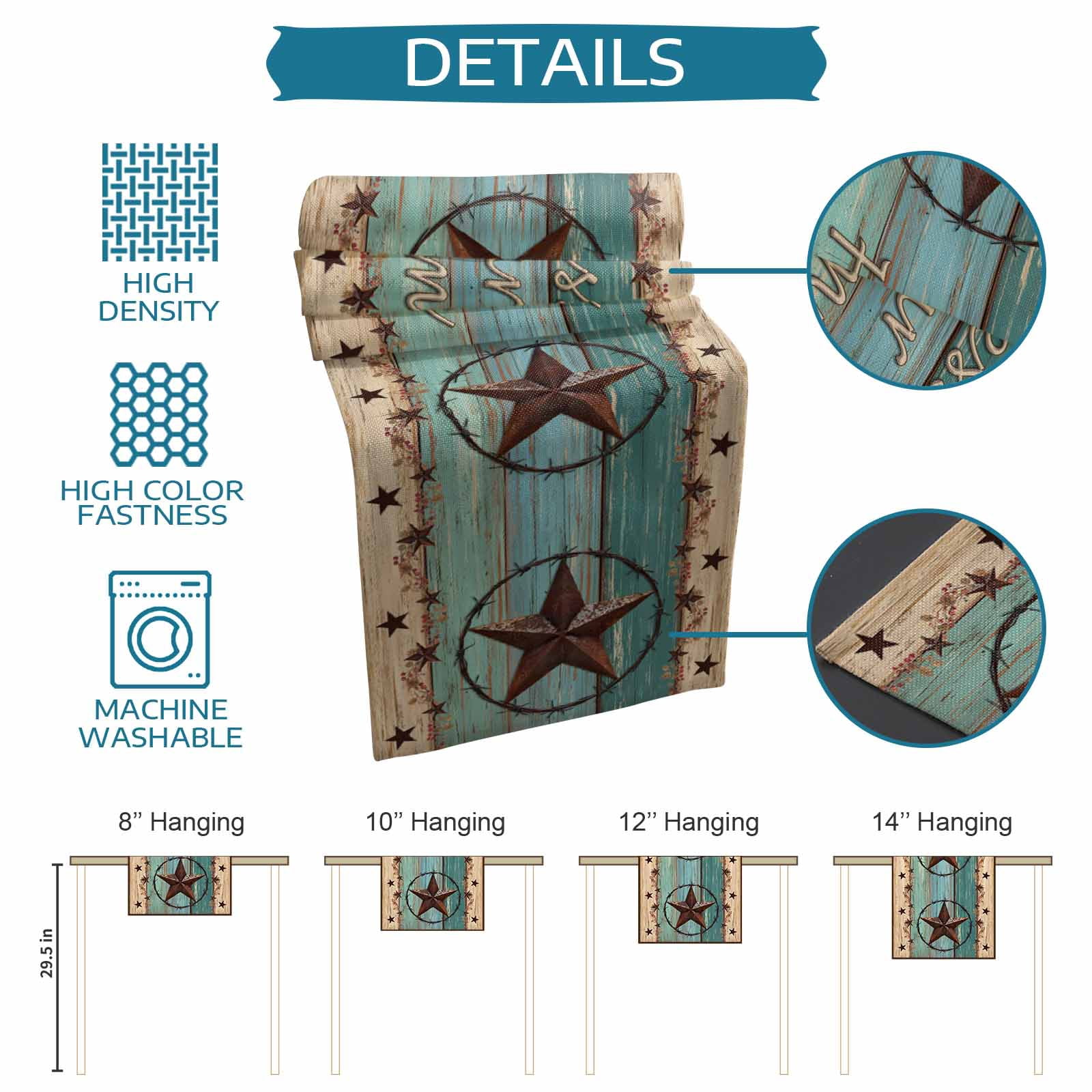 Texas Star Country Table Runner 108 Inches, Western Old Wooden Board Vintage Bed Runner Dresser Scarves Tabletop for Indoor Outdoor Parties/Ceremony/Banquet, 13"x 108"