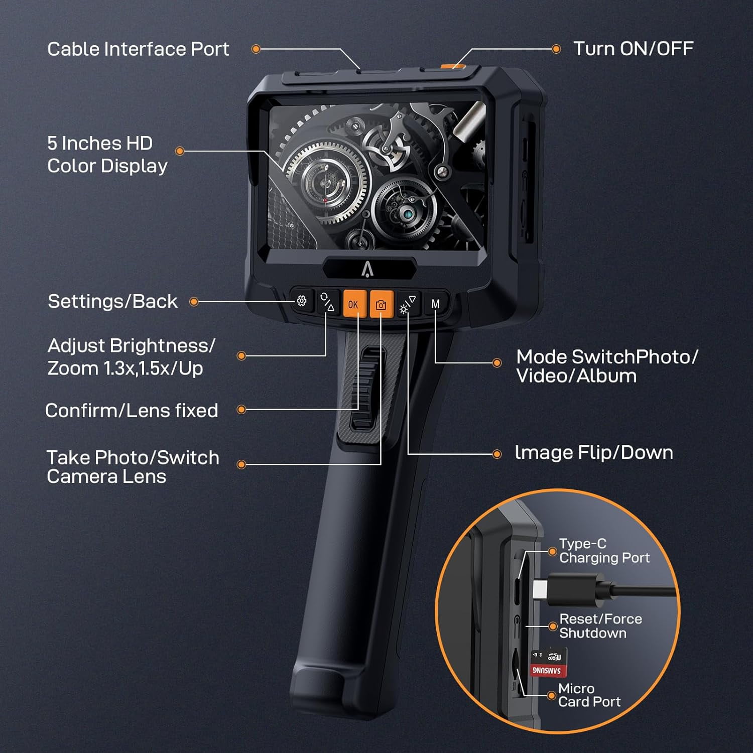 5" Borescope Endoscope Camera with Light, Articulating Borescope IP67 Waterproof 1280P Inspection Snake Camera for Borescope Automotive Engine 5.5ft Industrial Borescope