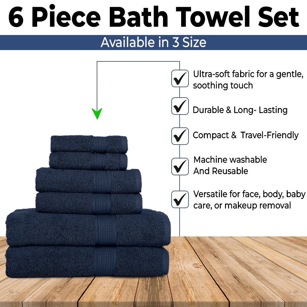 KAHAF COLLECTION 6 Piece Towel Set Navy Blue – 100% Ringspun Cotton Soft & Highly Absorbent–Includes 2 Bath Towels, 2 Hand Towels & 2 Washcloths – Quick Dry, Durable and Luxurious Bathroom Essentials