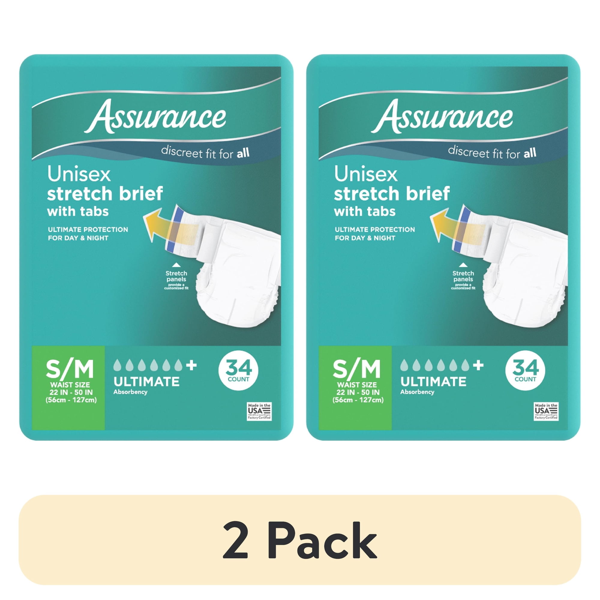 (2 pack) Assurance Unisex Stretch Briefs with Tabs, S/M, 34 Count