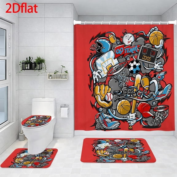 Retro Sports Collage Shower Curtain Set with 12 Hooks, Rugs & Accessories