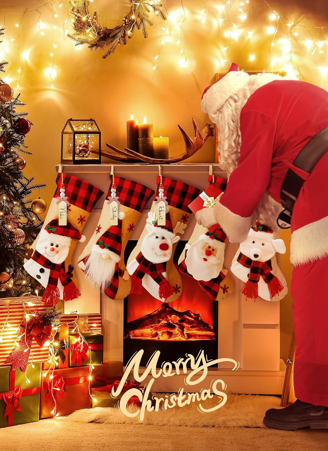 TETOU 4Pcs 18" Christmas Stocking, Burlap Plaid Xmas Stocking with Personalized Name Tag & 3D cartoon Character Santa Snowman Elk Gnome, Christmas Decoration for Indoor Family Kids Holiday Party