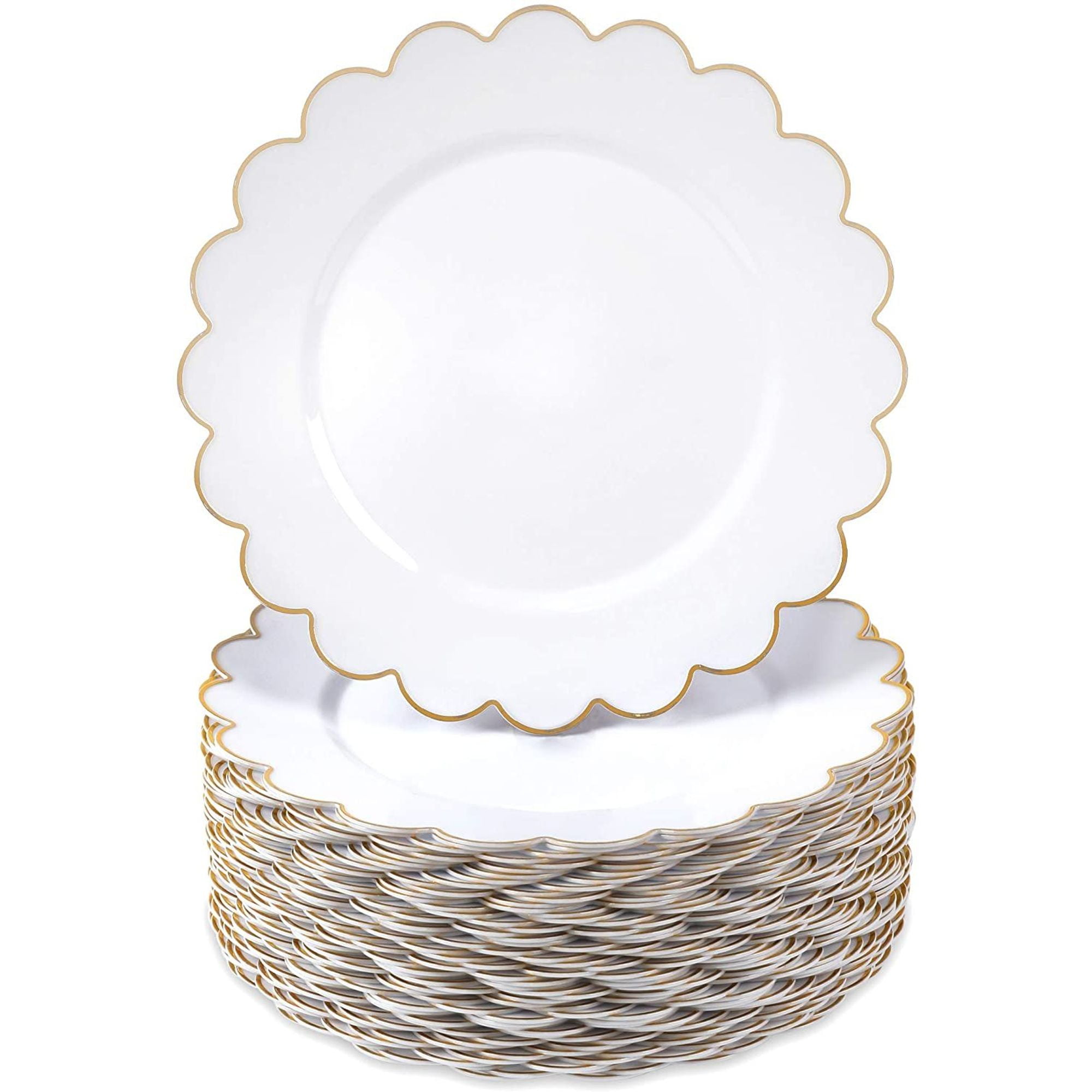 50-Pack White Vintage Disposable Plastic Dinner Plates with Gold Scalloped Flower Rim for ...