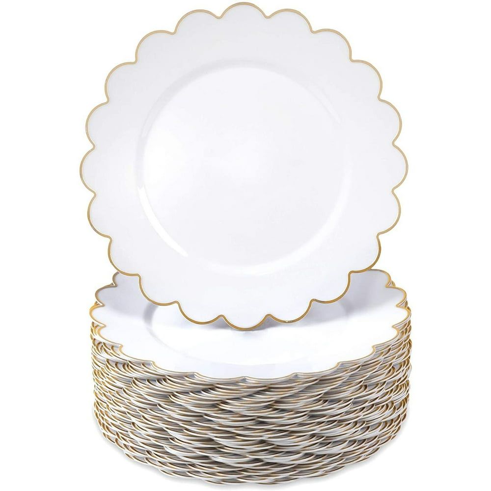 50-Pack White Vintage Disposable Plastic Dinner Plates with Gold