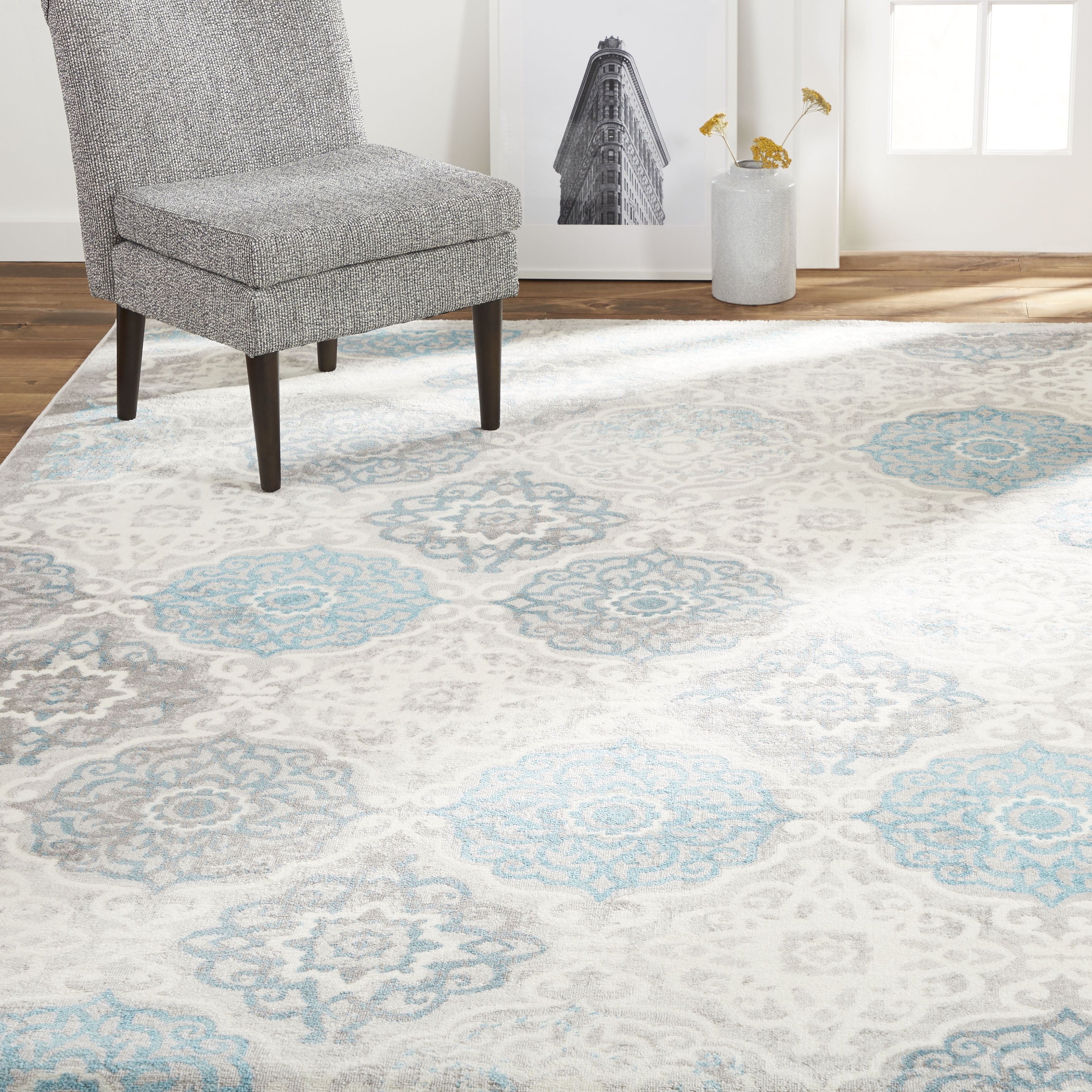Home Dynamix Boho Andorra Damask Area Rug, Gray/Blue, 6'6"x9'6