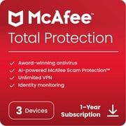 McAfee Total Protection Antivirus & Internet Security Software for 3 Devices (Windows/Mac/Android/iOS/ChromeOS), 1-Year Subscription, [Digital Download]