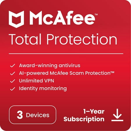 McAfee® Total Protection Antivirus & Internet Security Software for 3 Devices (Windows®/Mac®/Android/iOS/ChromeOS), 1-Year Subscription, [Digital Download]