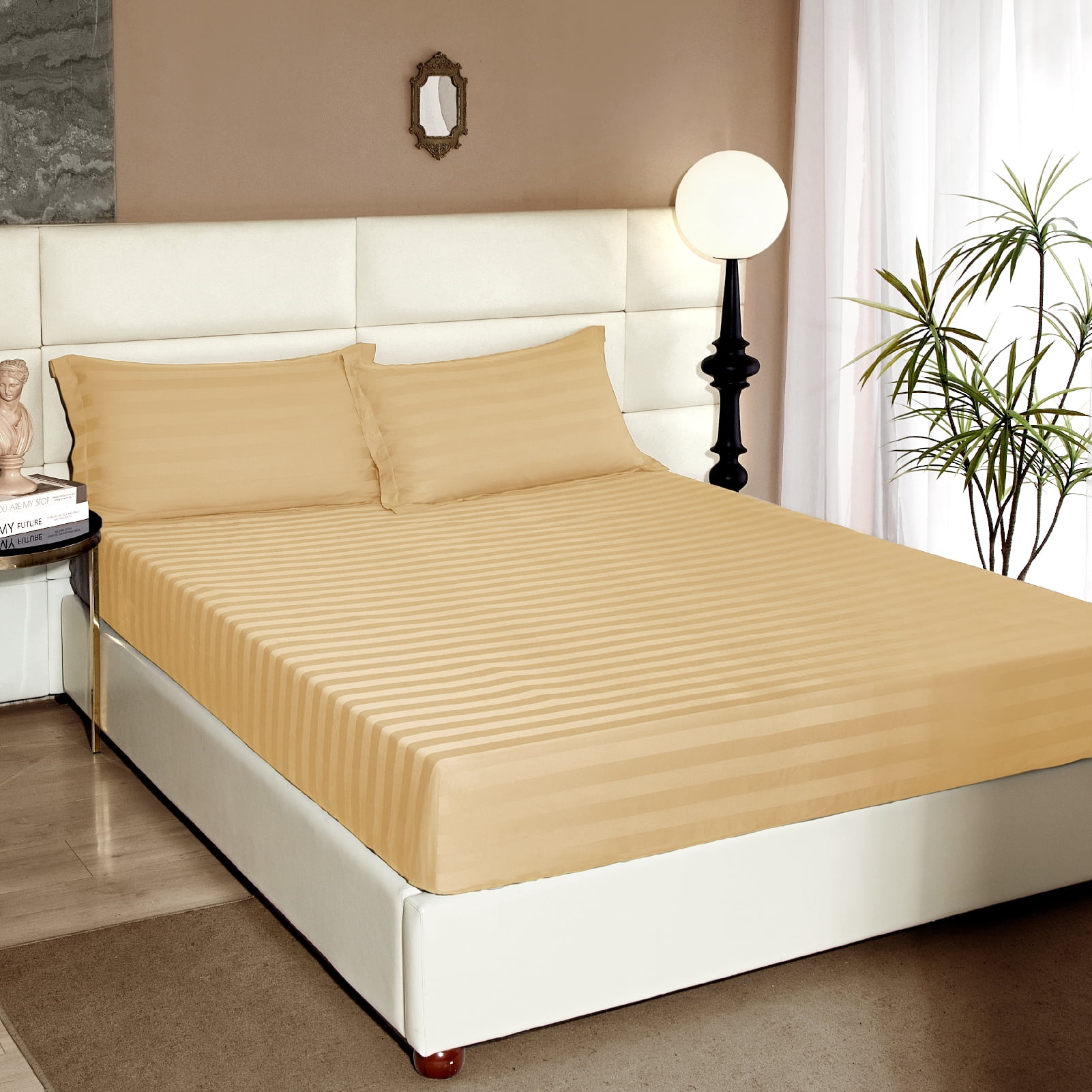 Lidoloka Luxury 100% Bamboo Bed Sheets Set Queen Size 4Pcs for Adult,16"Deep Pocket,Striped Champagne