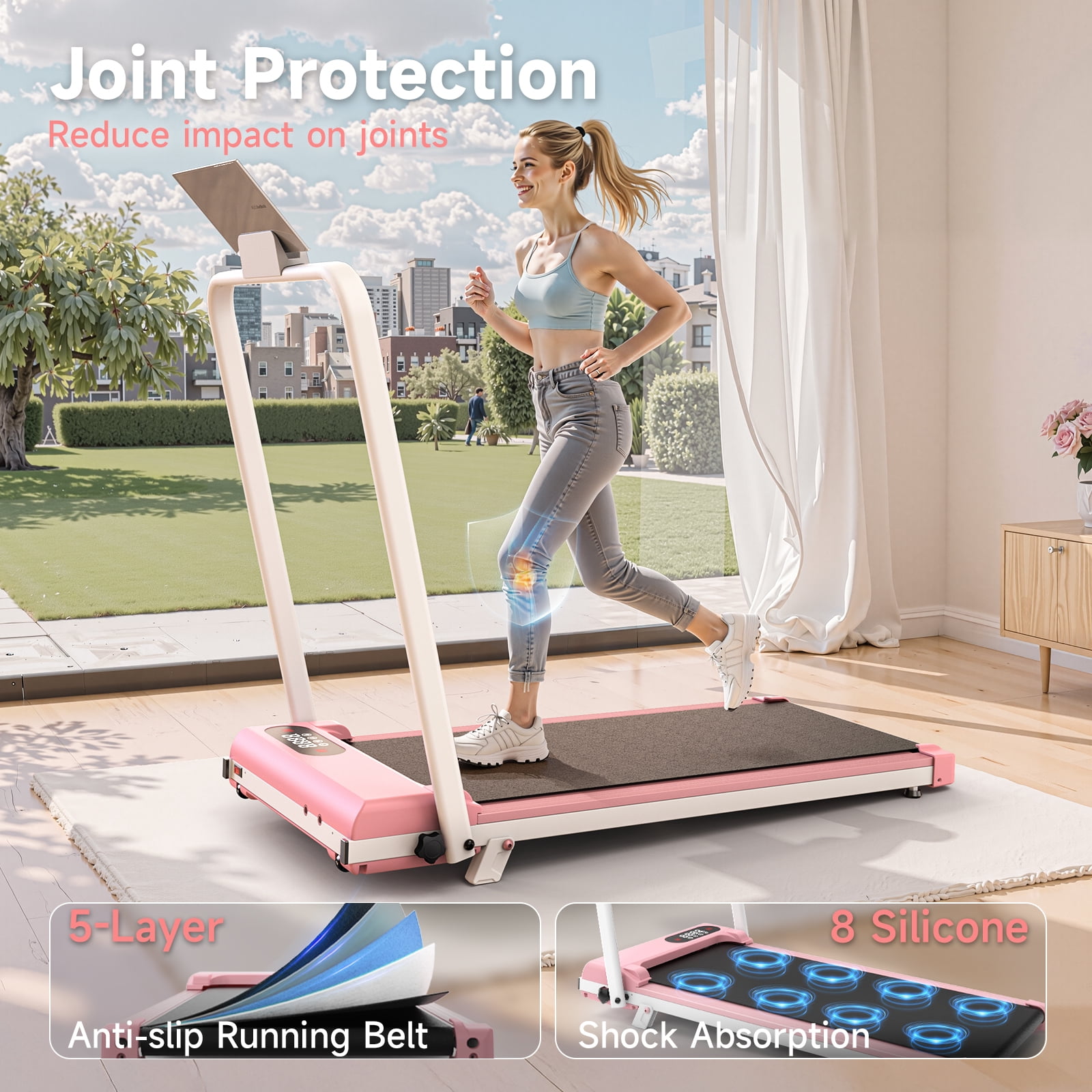 Evitormill 4 in 1 Foldable Treadmills with Handle/Handrails - 2.5HP Low Noise Folding Walking Pad, Supports 265 Lbs (Pink)