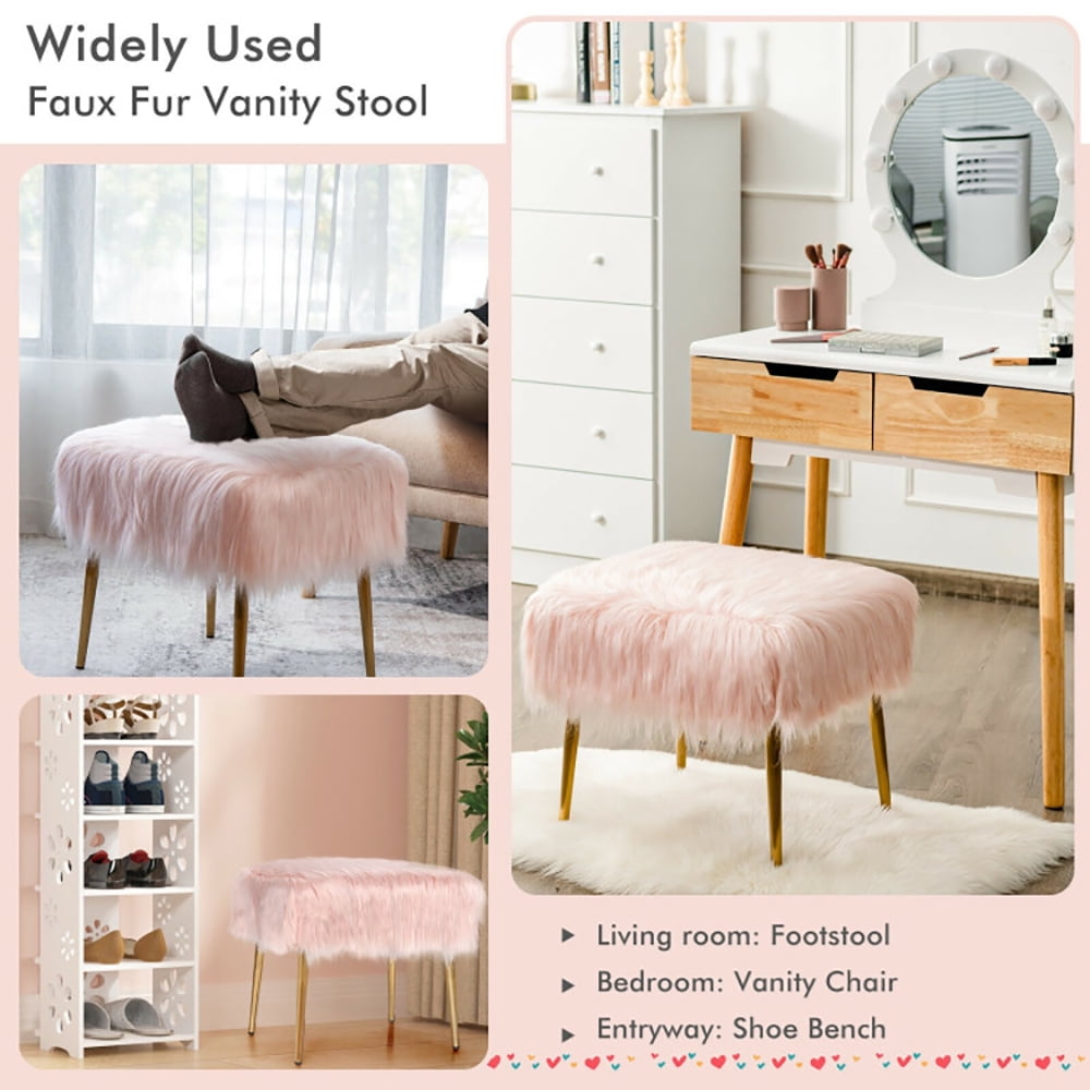 Finihen Faux Fur Vanity Stool Chair, Footstool Ottoman, Vanity Stool with Golden Metal Legs, Makeup Stool, Decorative Furniture Footrest, for Makeup Room, Living Room, Bedroom, Pink Finihen Faux Fur Vanity Stool Chair, Footstool Ottoman, Vanity Stool with Golden Metal Legs, Makeup Stool, Decorative Furniture Footrest, for Makeup Room, Living Room, Bedroom, Pink