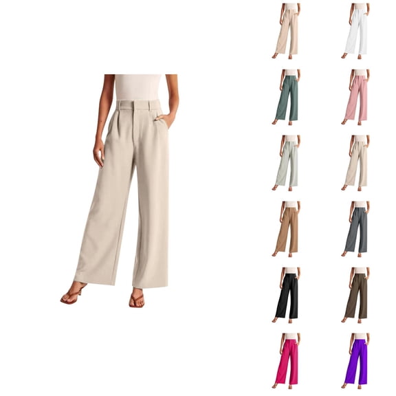 Dress Pants Women Elastic Waist Wide Straight Leg Flowy Business Casual Office Work Pants with Pockets Slacks for Women