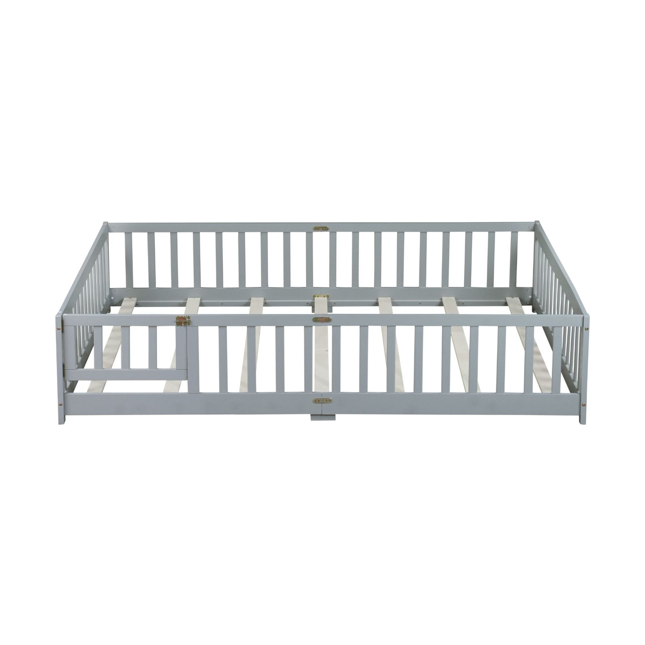 Noble House Queen Size Floor Bed, Solid Rubber Wood Frame with Fence, Door, Guardrails & Slat Support, Grey