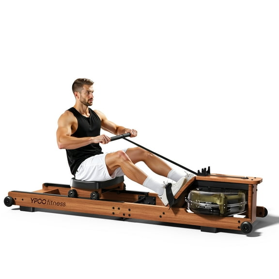 YPOO Fodable Wooden Rowing Machine for Home, 350lbs Capacity Water Rowing Machine with Comfortable Seat, Space-Saving Design and App Support