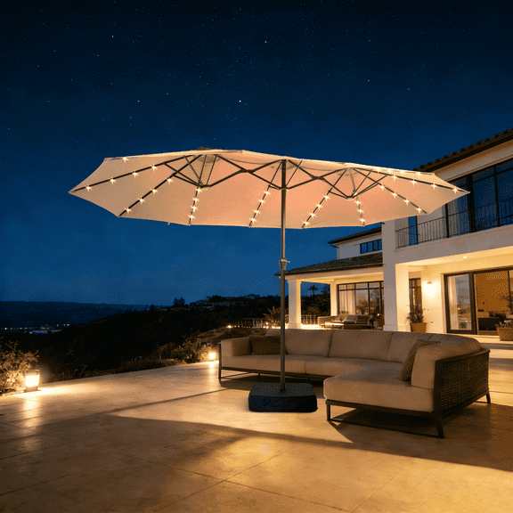 Tioline 15FT Large Patio Umbrella with Solar Lights,Outdoor Market Rectangle Umbrellas with 48 LED Lights, Umbrella Base Included for Pool,Yard,Garden(Beige)