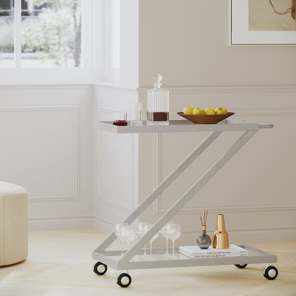 Z-Shaped Bar Cart, 2-Tier Tempered Glass Shelves with Rolling Lockable Casters, Durable Iron Frame, Mobile Serving Trolley for Kitchen Dining Living Room Home Bar, Silver