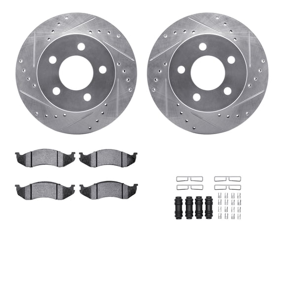 Dynamic Friction Company Front Brake Rotors-Drilled and Slotted-Silver with 5000 Advanced Brake Pads includes Hardware 7512-42058