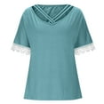 thumbnail image 7 of Olyvenn Stylish Criss Cross V Neck Tops for Women Lace Patchwork Short Sleeve Shirt Solid Color T Shirts Plus Size Loose Fit Blouse Light Blue S, 7 of 7