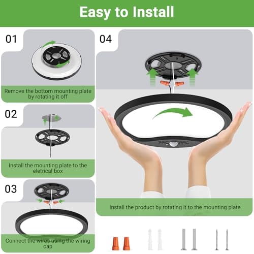 HOVMAP Rechargeable Motion Sensor Ceiling Light, Wired 18W 1800lm 3 Mode Timer Bright LED Flush Mount Light Fixture, Renter Friendly Ceiling Light, Garage Lights, 2Pcs 9" Infrared Sensing Black 3CCT